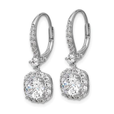 Sterling Silver Drop Earrings with Cushion Cut Cubic Zirconia and Halo Pavé Leverback Design