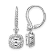 Sterling Silver Drop Earrings with Cushion Cut Cubic Zirconia and Halo Pavé Leverback Design