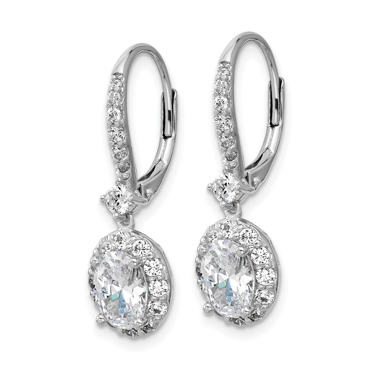 Sterling Silver Drop Earrings with Oval Cut Cubic Zirconia and Halo Leverback Design
