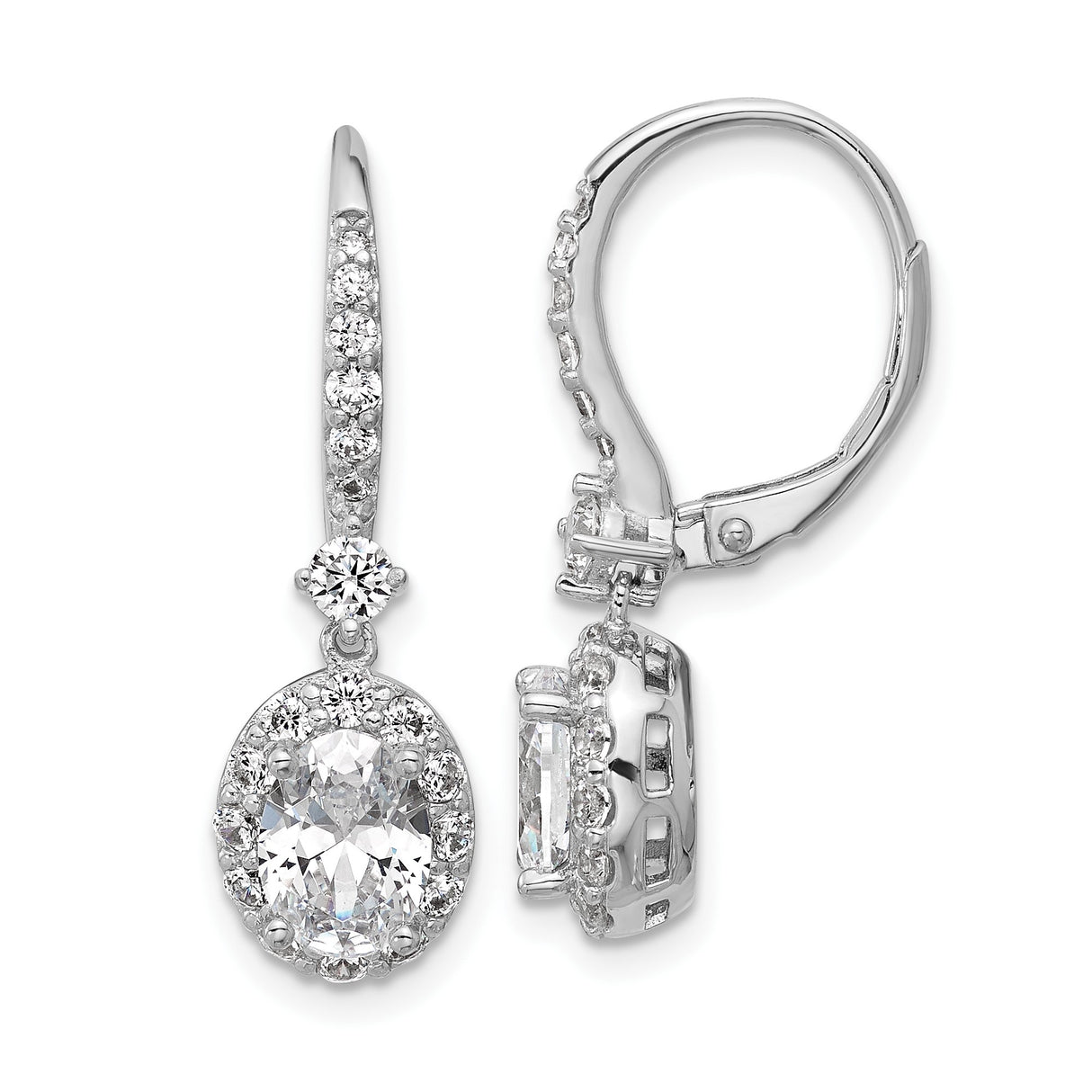 Sterling Silver Drop Earrings with Oval Cut Cubic Zirconia and Halo Leverback Design