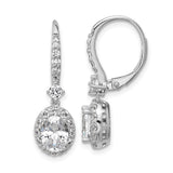 Sterling Silver Drop Earrings with Oval Cut Cubic Zirconia and Halo Leverback Design
