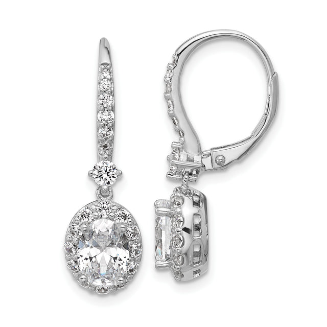 Sterling Silver Drop Earrings with Oval Cut Cubic Zirconia and Halo Leverback Design