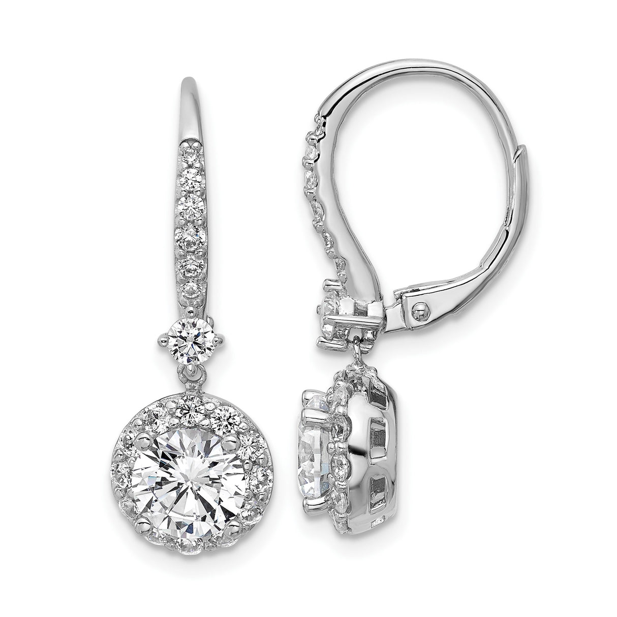 Sterling Silver Dangle Earrings with Round Cut Cubic Zirconia in Halo Setting