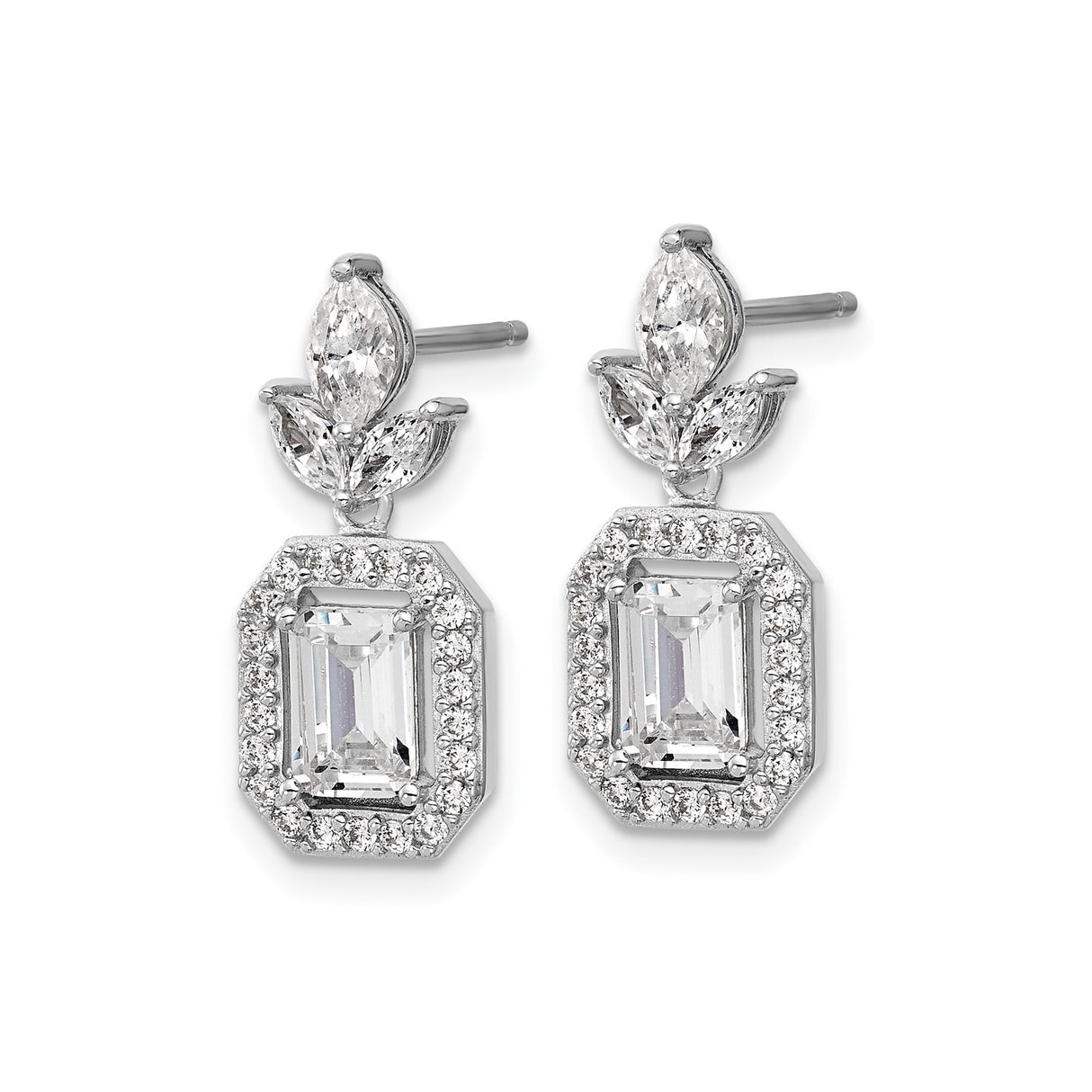 Sterling Silver Drop Earrings with Emerald Cut Cubic Zirconia, Halo and Marquise Accents, Floral Motif