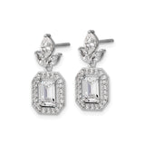 Sterling Silver Drop Earrings with Emerald Cut Cubic Zirconia, Halo and Marquise Accents, Floral Motif