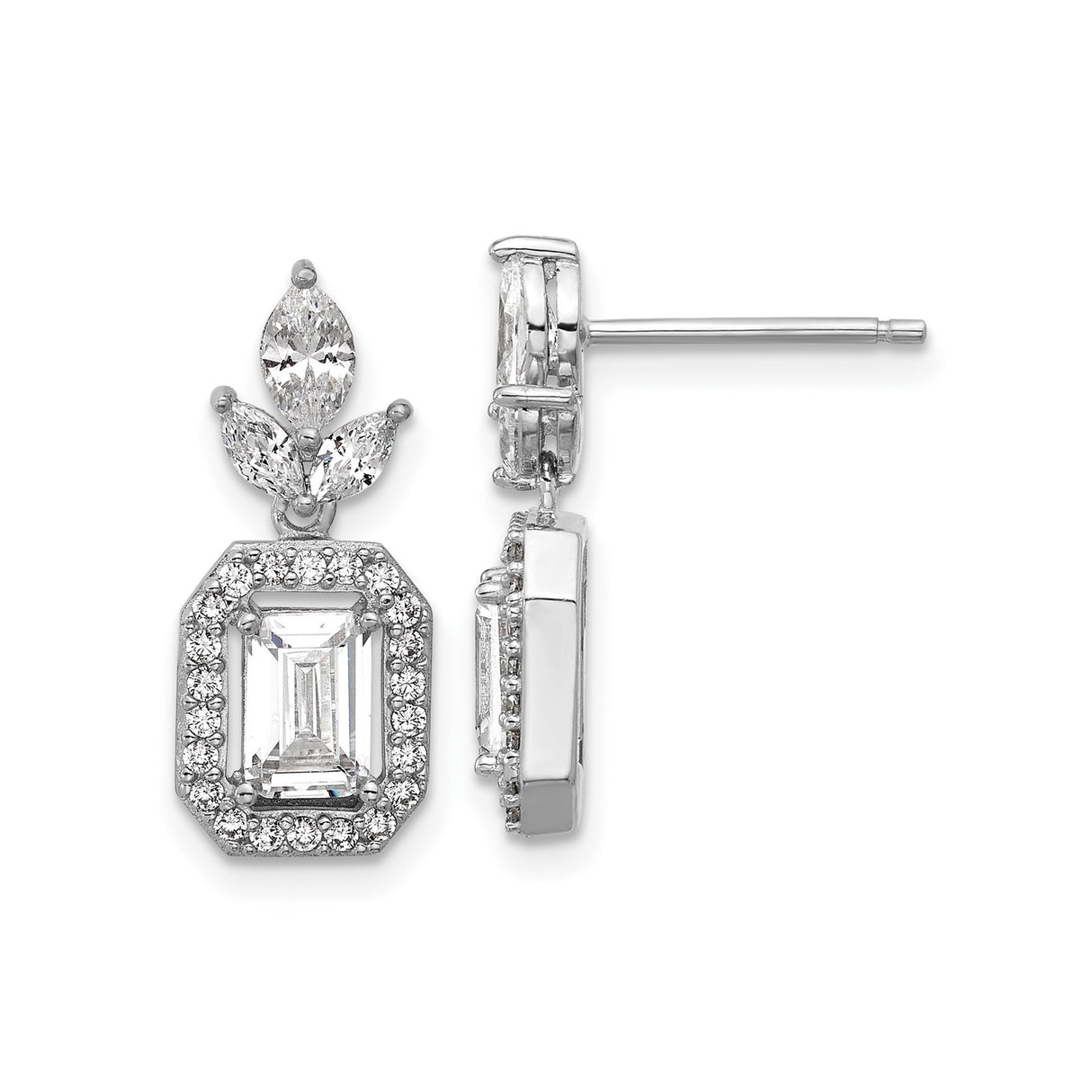 Sterling Silver Drop Earrings with Emerald Cut Cubic Zirconia, Halo and Marquise Accents, Floral Motif