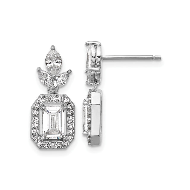 Sterling Silver Drop Earrings with Emerald Cut Cubic Zirconia, Halo and Marquise Accents, Floral Motif