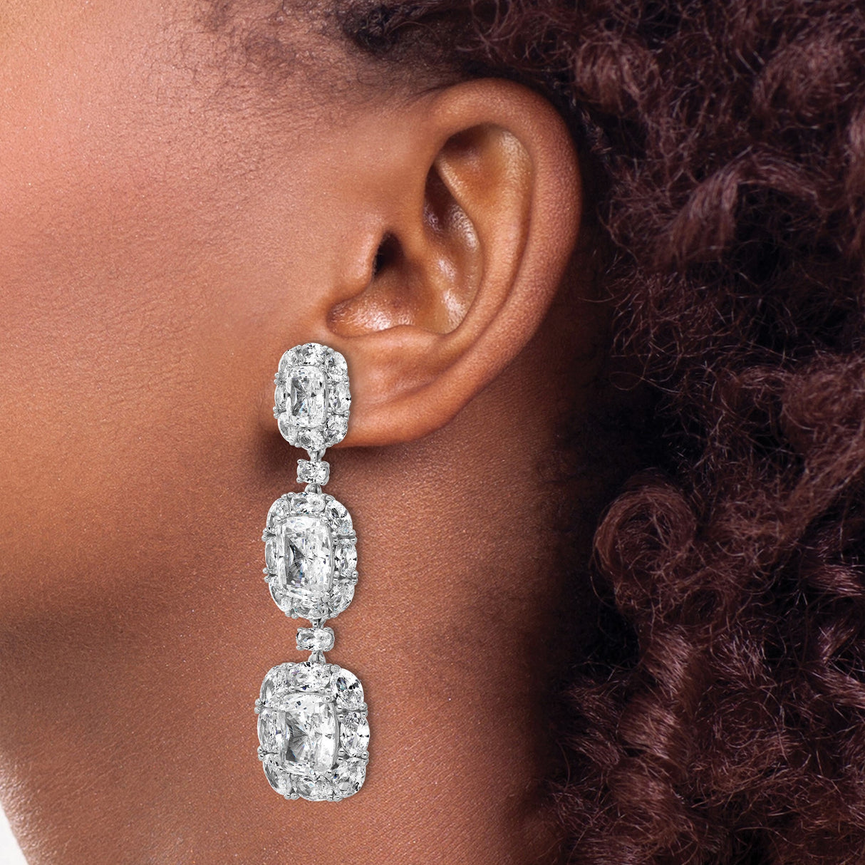 Sterling Silver Drop Earrings with Cubic Zirconia, Halo Setting, Vintage Tiered Dangle Design