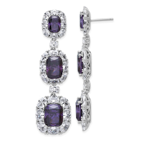 Sterling Silver Dangle Earrings with Three Cushion Cut Cubic Zirconia in Halo Setting