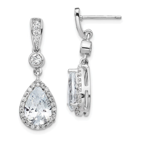 Sterling Silver Drop Earrings with Pear Shaped Cubic Zirconia and Halo Accent Stones