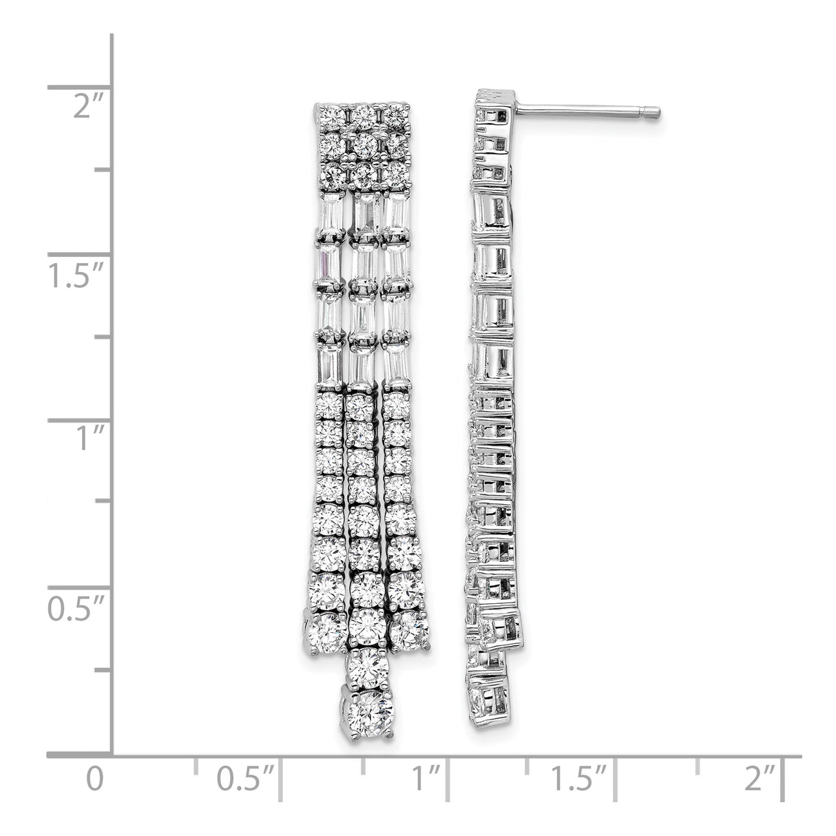 Sterling Silver Drop Earrings with Baguette and Round Cubic Zirconia, Chandelier Dangle Style