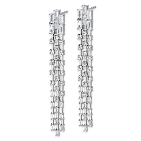 Sterling Silver Dangle Earrings with Baguette and Round Cubic Zirconia, Cascading Multi Row Design