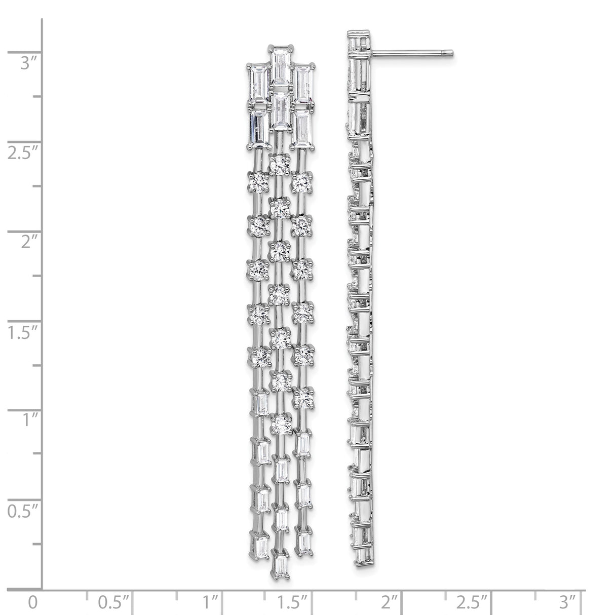 Sterling Silver Dangle Earrings with Baguette and Round Cubic Zirconia, Cascading Multi Row Design