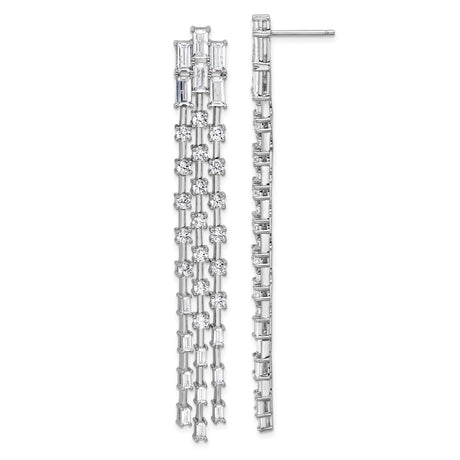 Sterling Silver Dangle Earrings with Baguette and Round Cubic Zirconia, Cascading Multi Row Design