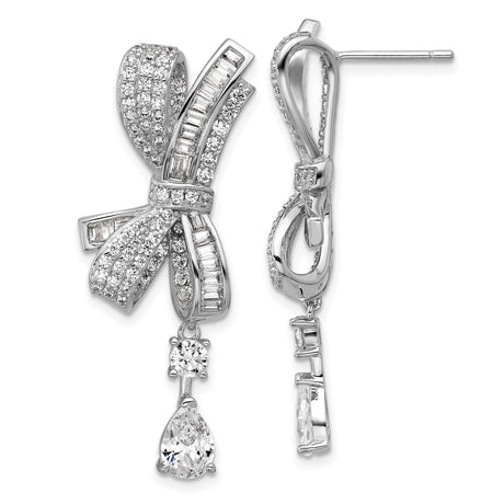 Sterling Silver Dangle Earrings with Cubic Zirconia, Bow and Teardrop Accent Design