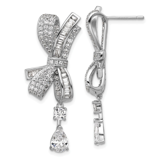 Sterling Silver Dangle Earrings with Cubic Zirconia, Bow and Teardrop Accent Design