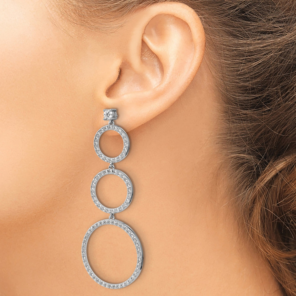 Sterling Silver Dangle Earrings with Cubic Zirconia, Graduated Open Circle Hoops, Modern Drop Style
