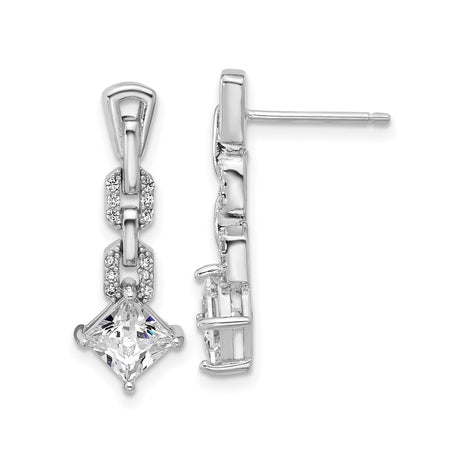Sterling Silver Drop Dangle Earrings with Square Cut Cubic Zirconia, Chain Link Design