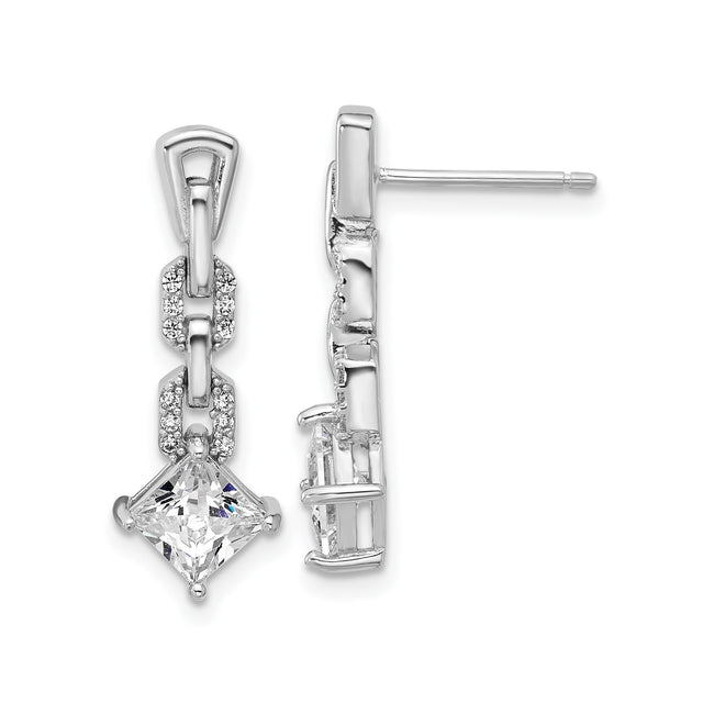 Sterling Silver Drop Dangle Earrings with Square Cut Cubic Zirconia, Chain Link Design