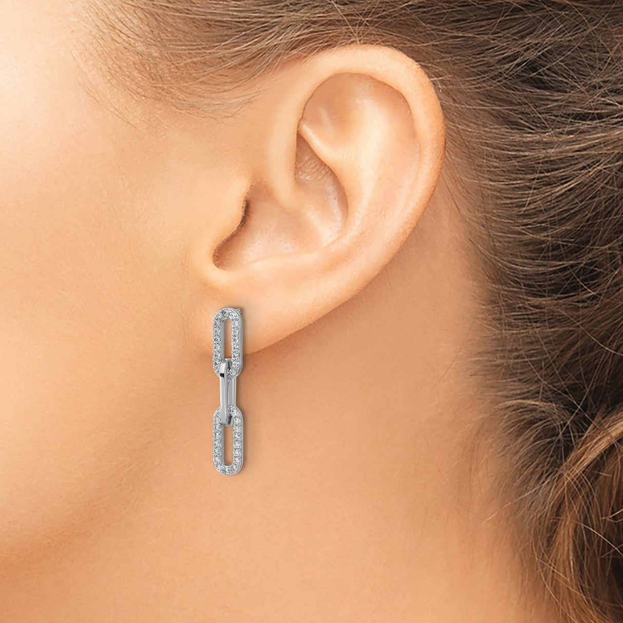 Sterling Silver Dangle Earrings with Cubic Zirconia, Triple Oval Link Chain Design