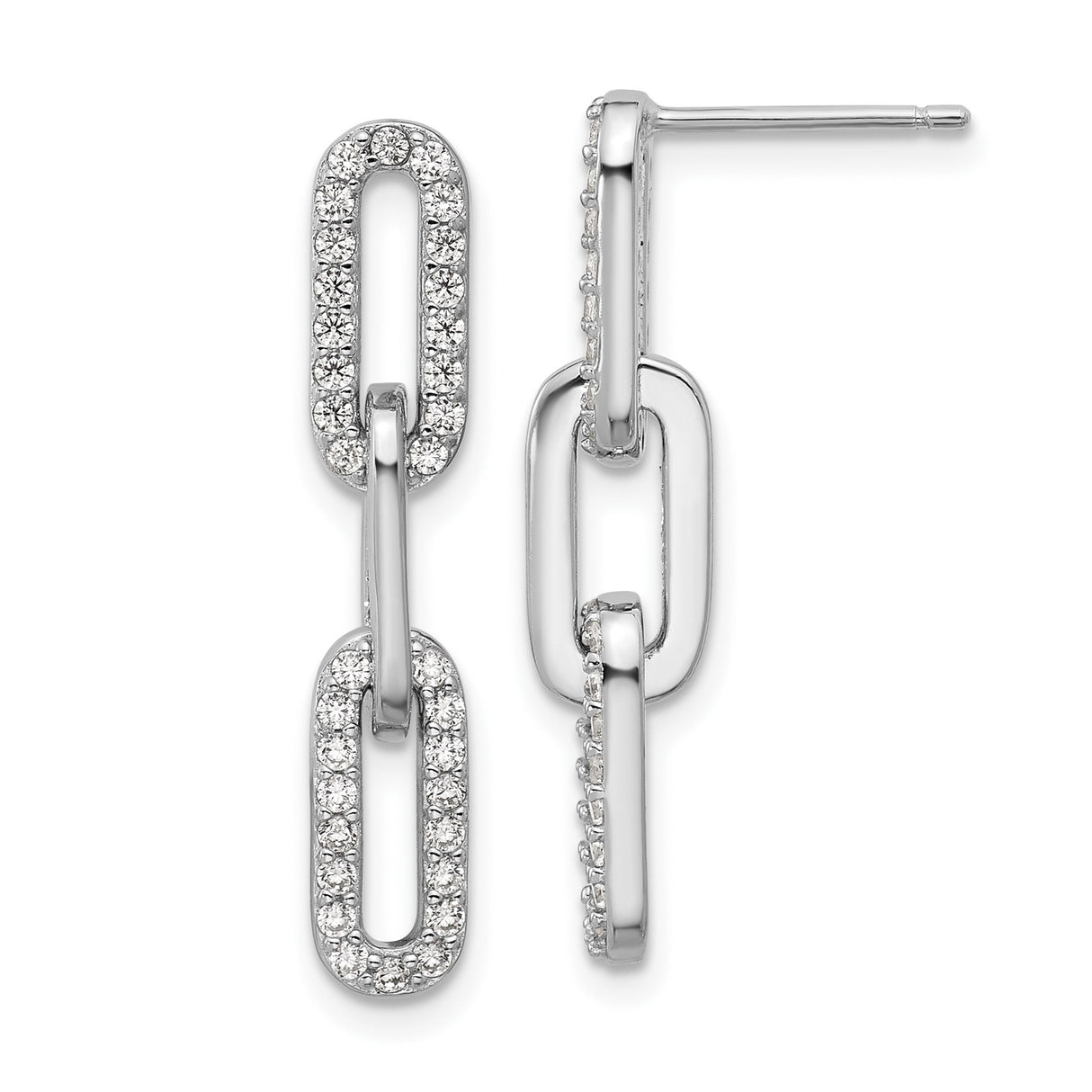 Sterling Silver Dangle Earrings with Cubic Zirconia, Triple Oval Link Chain Design