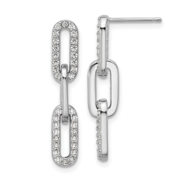 Sterling Silver Dangle Earrings with Cubic Zirconia, Triple Oval Link Chain Design