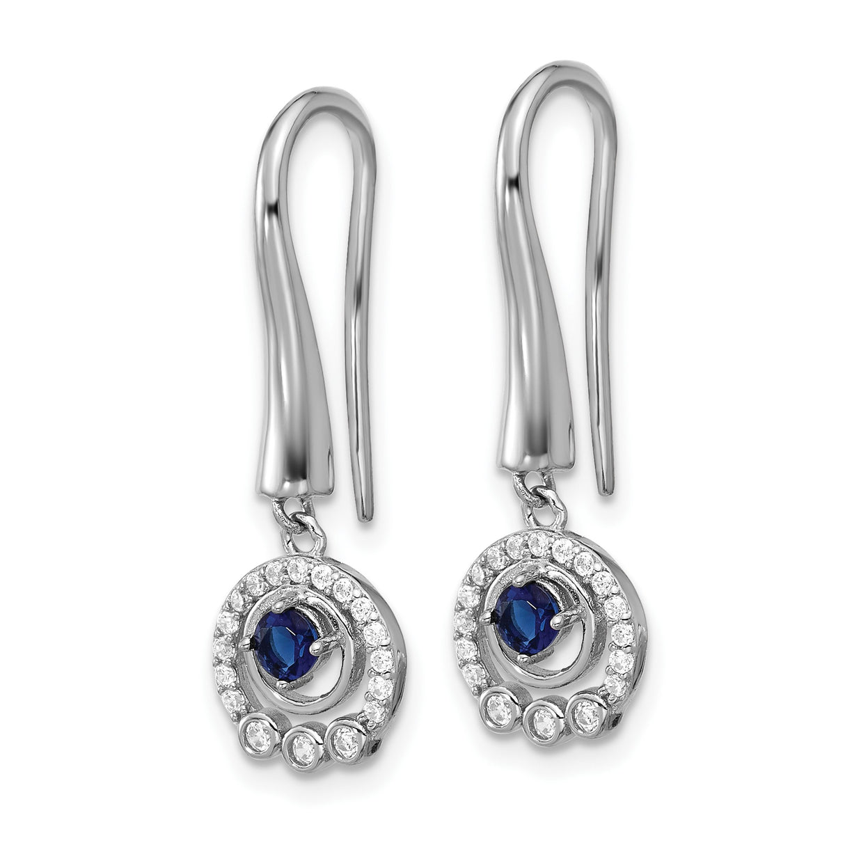 Sterling Silver Dangle Earrings with Round Blue Glass and Cubic Zirconia Halo Design