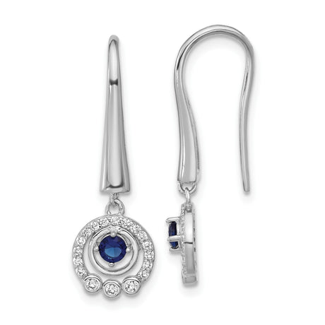 Sterling Silver Dangle Earrings with Round Blue Glass and Cubic Zirconia Halo Design