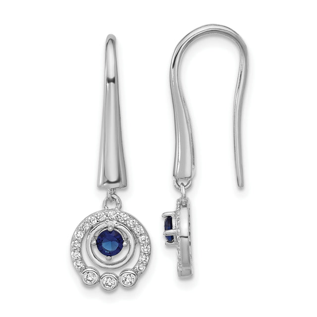 Sterling Silver Dangle Earrings with Round Blue Glass and Cubic Zirconia Halo Design
