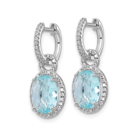 Sterling Silver Drop Earrings with Light Blue Glass and Halo Cubic Zirconia Accents
