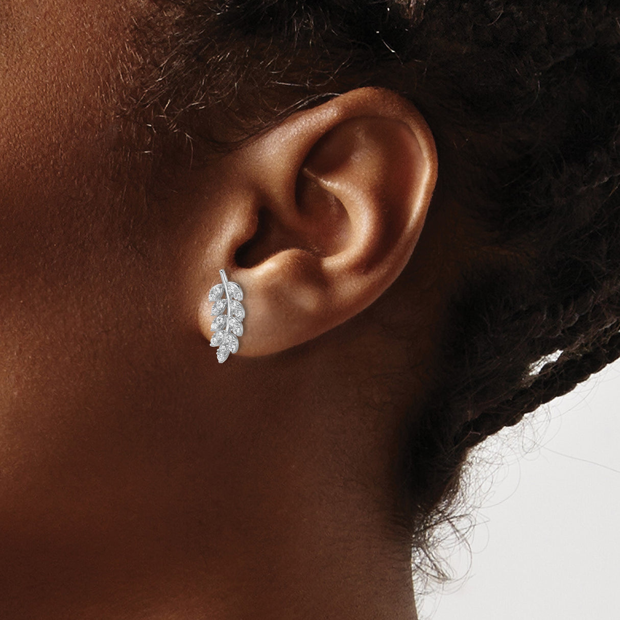 Sterling Silver Leaf Stud Earrings with Cubic Zirconia, Botanical Branch Design