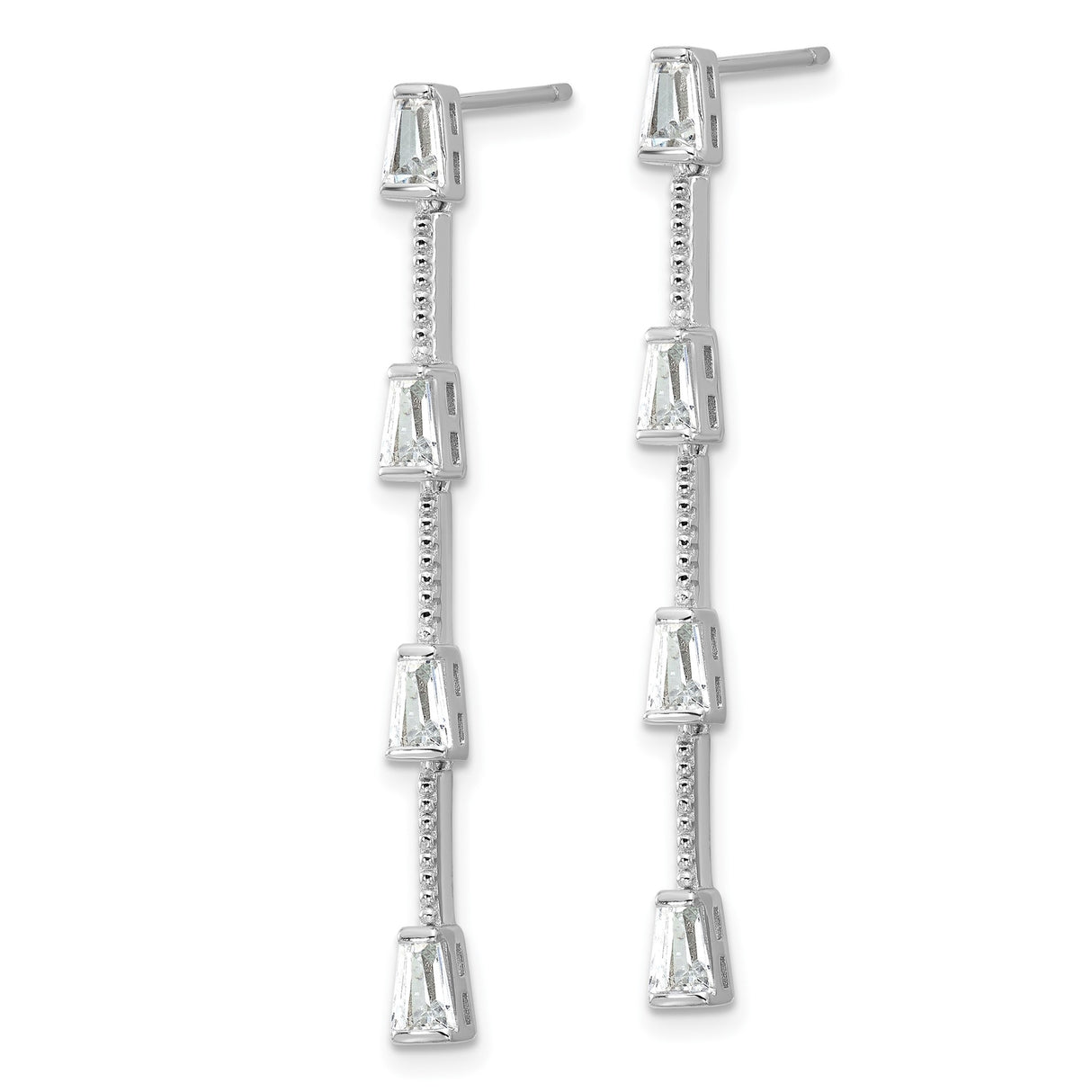 Sterling Silver Linear Drop Earrings with Cubic Zirconia, Geometric Tapered Baguette Design