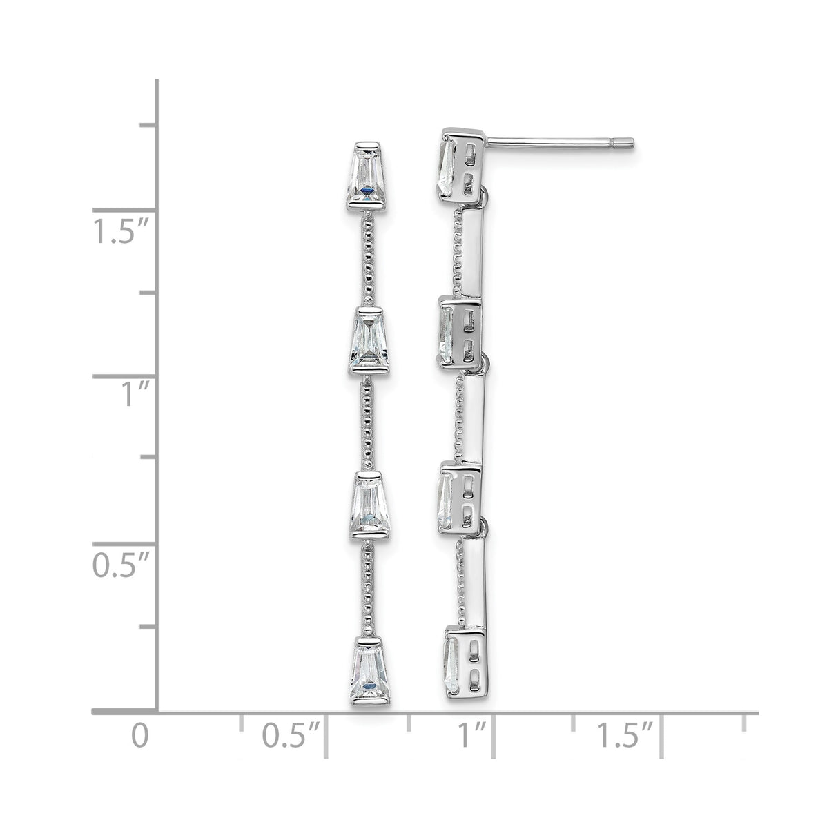 Sterling Silver Linear Drop Earrings with Cubic Zirconia, Geometric Tapered Baguette Design