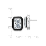 Sterling Silver Stud Earrings with Emerald Cut Cubic Zirconia and Black Enamel Frame