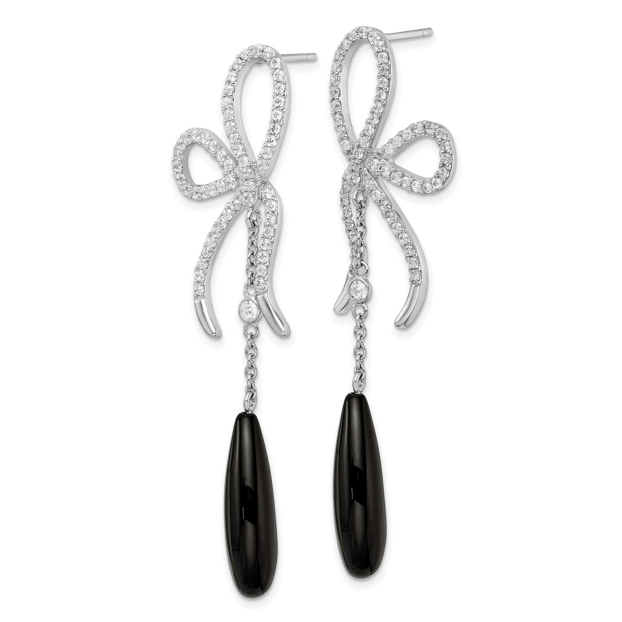 Sterling Silver Dangle Earrings with Cubic Zirconia Bow and Onyx Teardrop Design