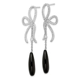 Sterling Silver Dangle Earrings with Cubic Zirconia Bow and Onyx Teardrop Design