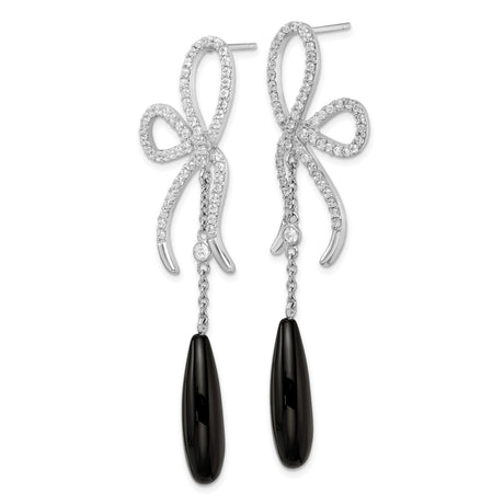 Sterling Silver Dangle Earrings with Cubic Zirconia Bow and Onyx Teardrop Design