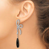Sterling Silver Dangle Earrings with Cubic Zirconia Bow and Onyx Teardrop Design