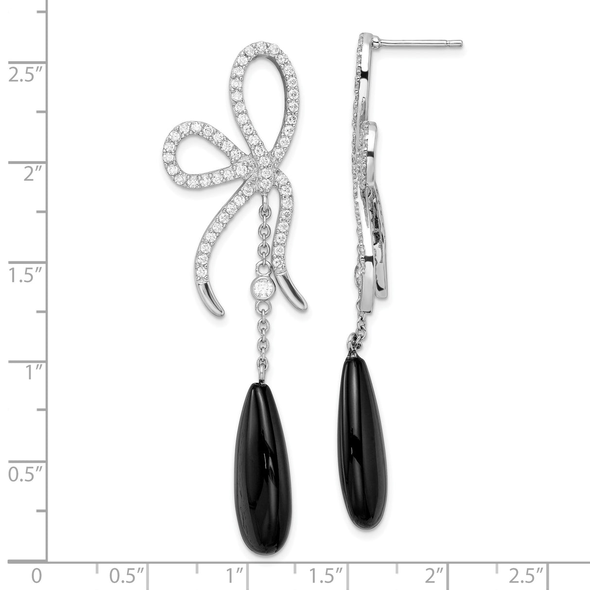 Sterling Silver Dangle Earrings with Cubic Zirconia Bow and Onyx Teardrop Design