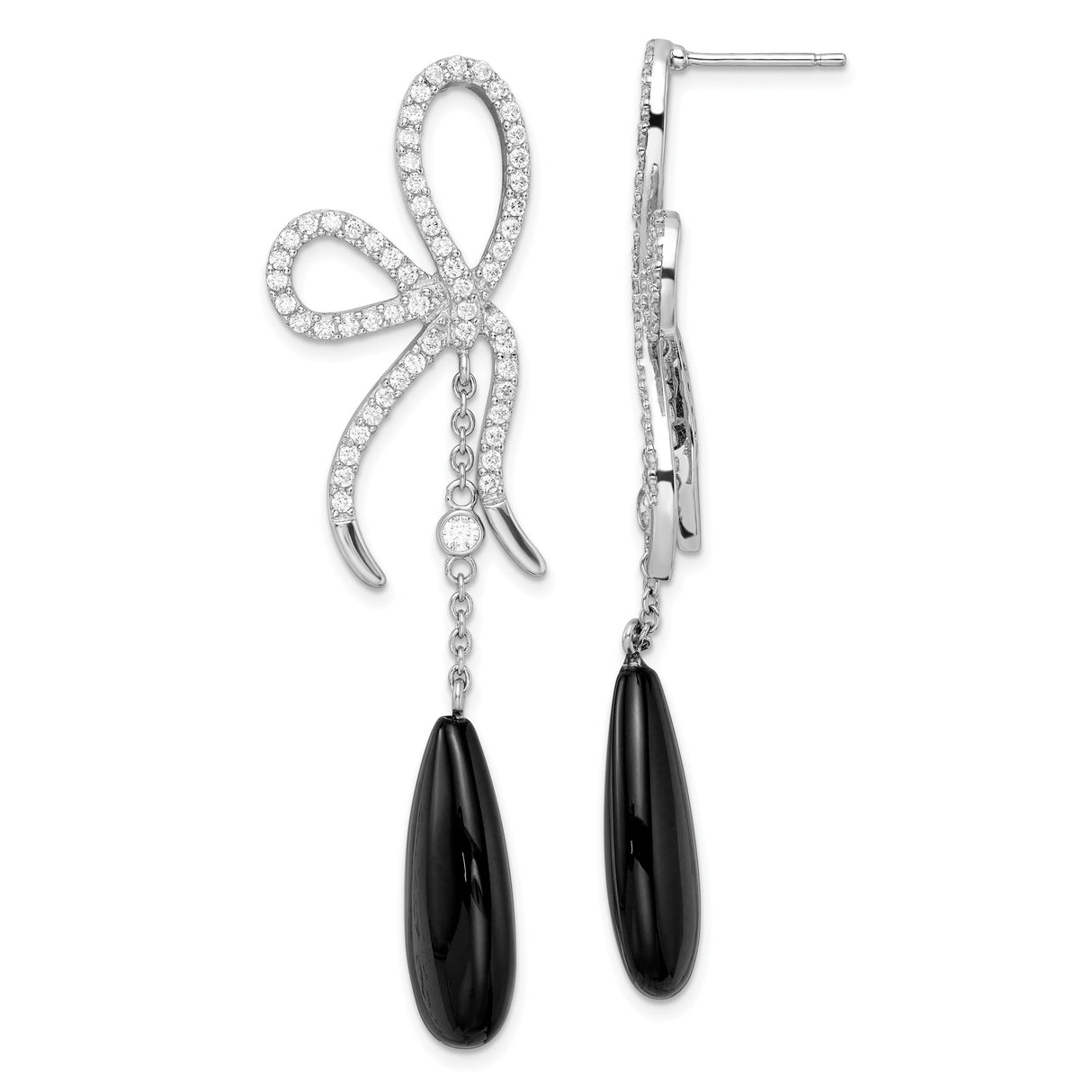 Sterling Silver Dangle Earrings with Cubic Zirconia Bow and Onyx Teardrop Design