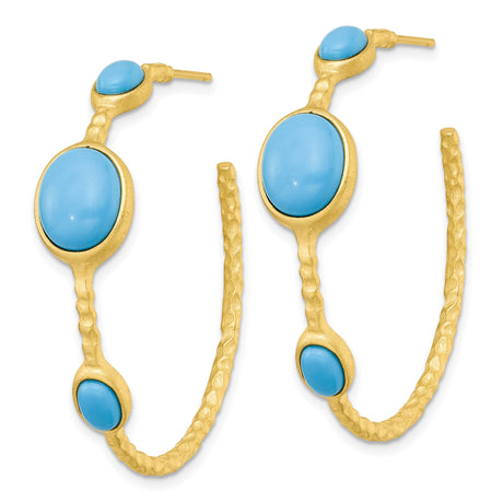 Sterling Silver Boho Hoop Earrings with Created Turquoise and Hammered Texture