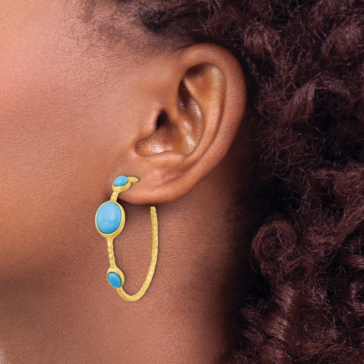 Sterling Silver Boho Hoop Earrings with Created Turquoise and Hammered Texture