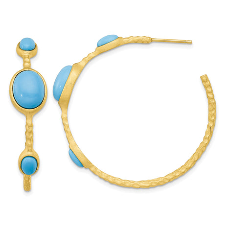 Sterling Silver Boho Hoop Earrings with Created Turquoise and Hammered Texture