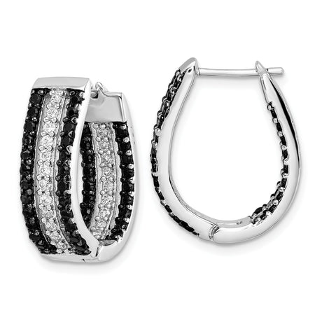 Sterling Silver Hoop Earrings with Black and White Cubic Zirconia, Three Row Modern Design