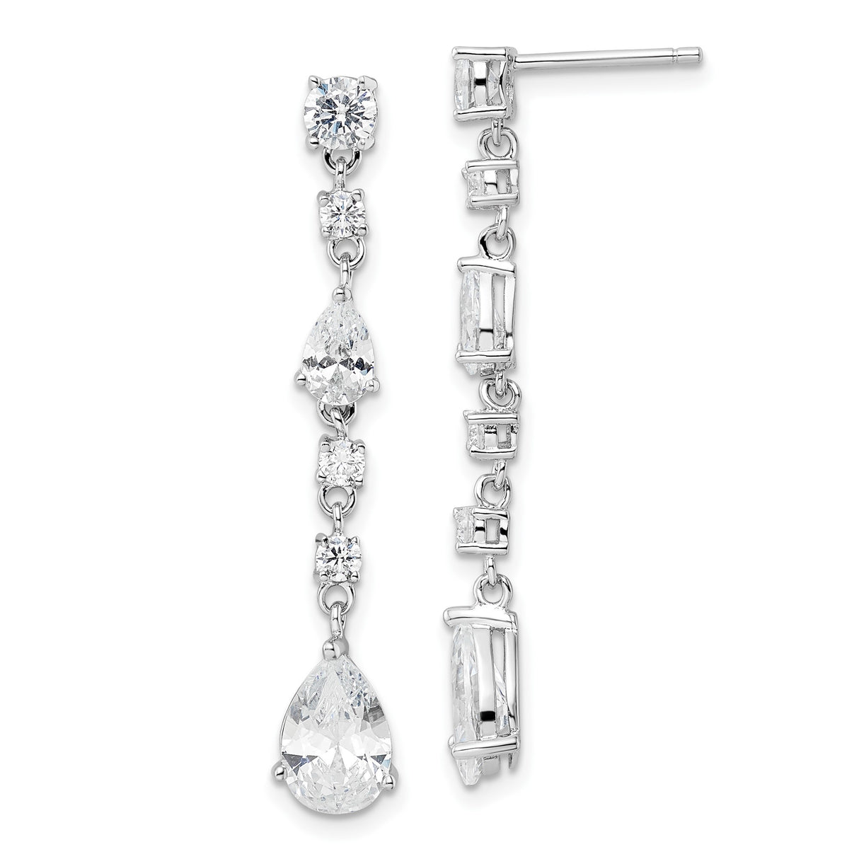 Sterling Silver Drop Earrings with Cascading Cubic Zirconia Baguette, Round, and Pear Stones
