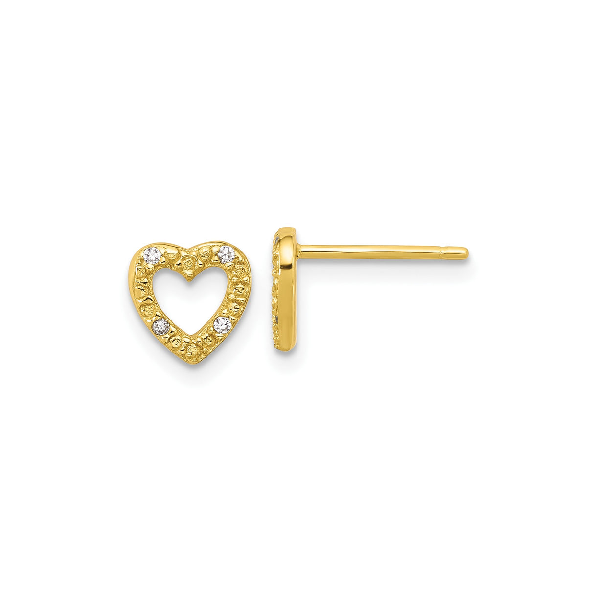 Sterling Silver Open Heart Stud Earrings with Cubic Zirconia Accents and Textured Design