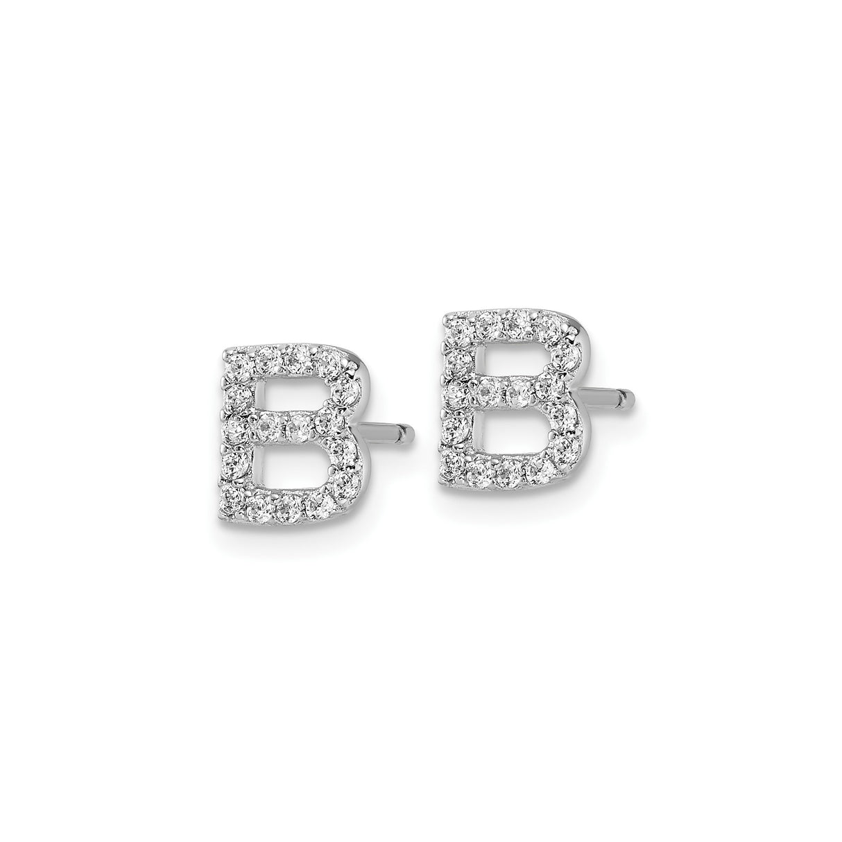 Sterling Silver Letter B Stud Earrings with Cubic Zirconia, Rhodium Plated Initial Jewelry