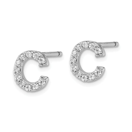 Sterling Silver Letter C Stud Earrings with Cubic Zirconia, Rhodium Plated, Polished Finish