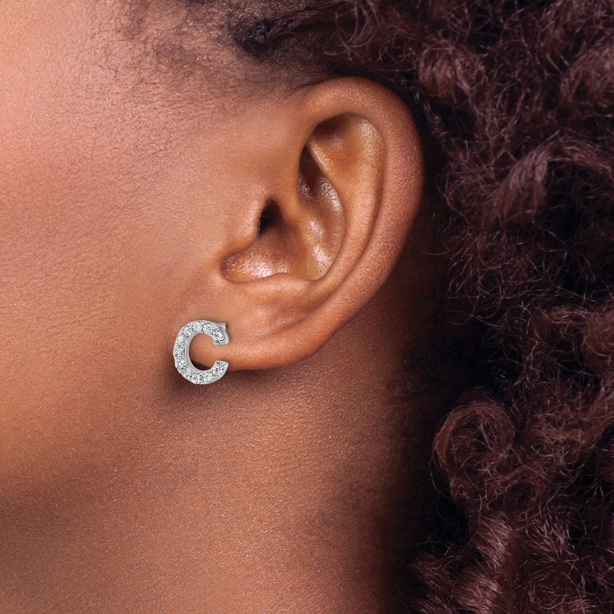 Sterling Silver Letter C Stud Earrings with Cubic Zirconia, Rhodium Plated, Polished Finish