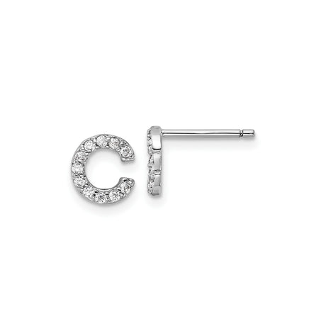 Sterling Silver Letter C Stud Earrings with Cubic Zirconia, Rhodium Plated, Polished Finish